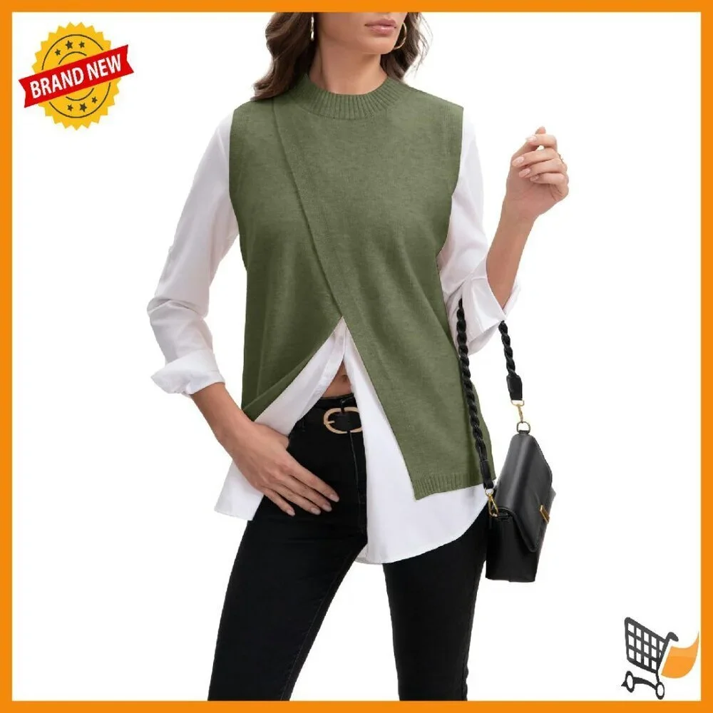 Mock Neck Sweater Vest Sleeveless Split Hem Pullover Knit Top